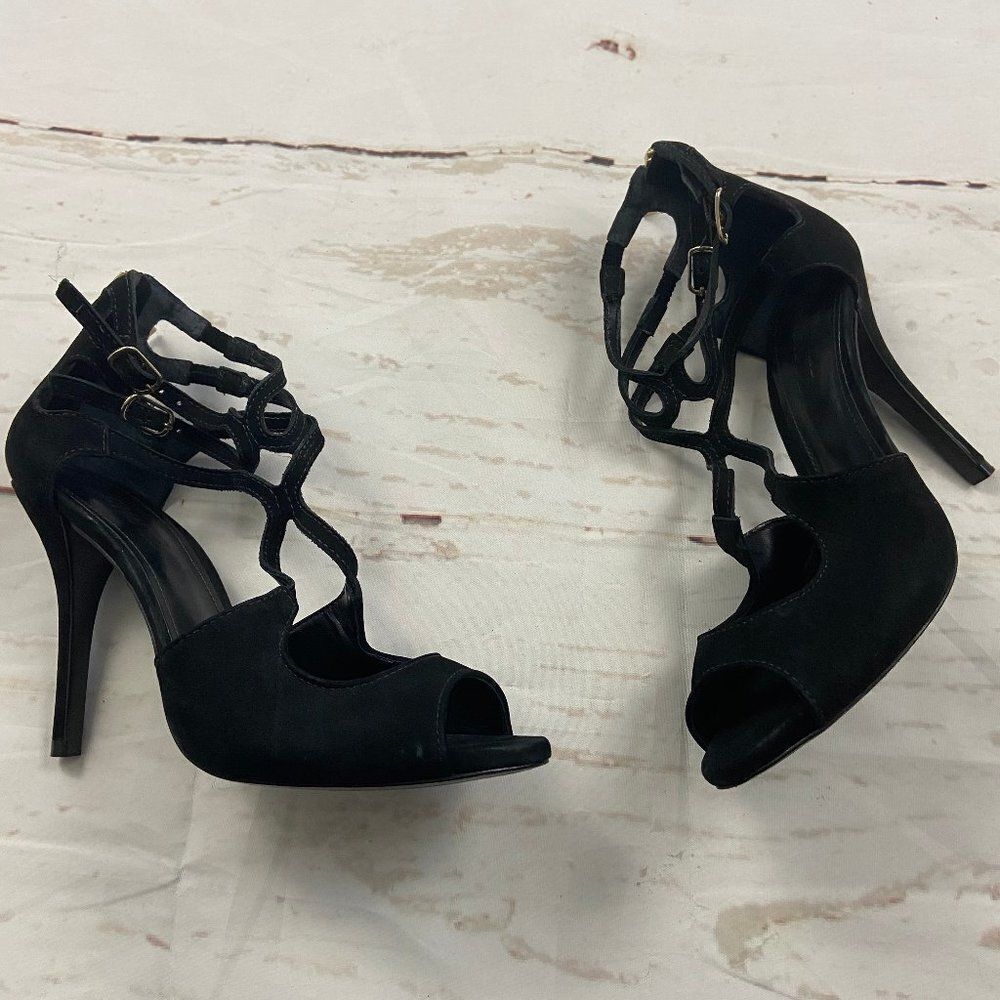 schutz black suede buckled peep toe stiletto heel shoe womens 7.5